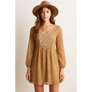 Altar'd State Lace Boho Tunic Dress M Beige Crochet Trim Lined Romantic Chic